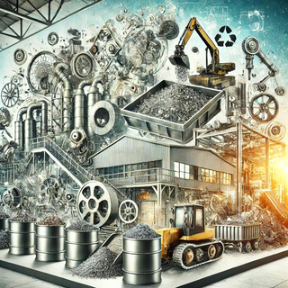 Artistic depiction of a metal recycling facility with various stages of metal processing, including sorting, melting, and reforming. The image highlights modern, clean, and efficient recycling practices emphasizing sustainability.