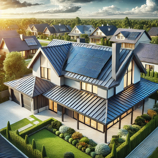 Modern suburban home with a stylish and efficient metal roof, integrating solar panels, surrounded by lush landscaping, demonstrating the versatility and durability of metal roofing options.