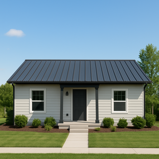 Modern budget-friendly home with charcoal gray exposed fastener metal roof, clean yard, and sunny suburban surroundings.