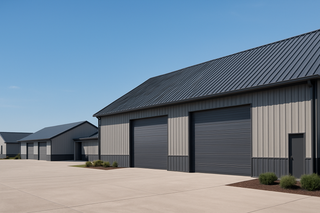 Modern warehouse with standing seam metal roof and clean concrete apron under a clear blue sky