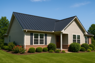 Suburban home with charcoal Central States standing seam metal roof under a clear blue sky.