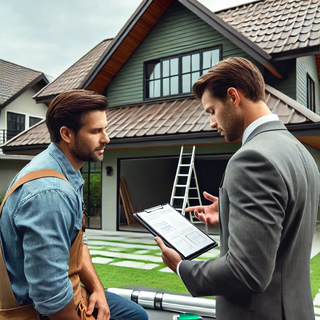 Homeowner and contractor discussing metal roofing project details in the backyard, with a newly installed roof visible in the background.