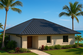 Coastal home with dark standing seam aluminum roof surrounded by palm trees and ocean, shown in bright daylight.
