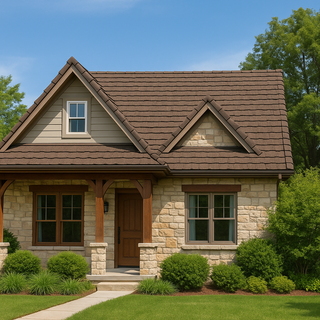 Cottage style home with warm brown stone coated steel shake roof surrounded by greenery under a clear blue sky.