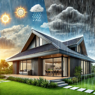 Contemporary house with a durable metal roof transitioning from sunny to rainy weather, showcasing its weather-resistant and stylish design.