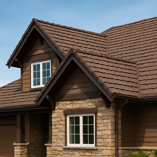 Home with weathered brown Decra Shake XD stone coated steel shake roof under a clear blue sky