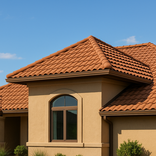 Mediterranean-style home with terracotta stone-coated steel villa tile roof in barrel profile under a clear blue sky