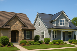 Side-by-side homes with Decra stone-coated metal roof and standing seam metal roof under a sunny sky