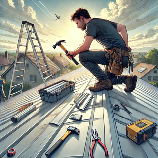 Homeowner safely installing metal roofing panels on a sunny day, equipped with DIY roofing tools and safety gear, on a residential home.