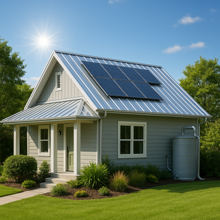Modern eco-friendly house with a reflective metal roof, solar panels, and rainwater collection system, surrounded by lush greenery under clear skies.