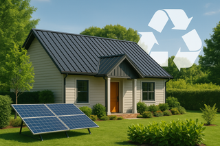 Eco-friendly home with a standing seam metal roof, solar panels, and lush greenery highlighting sustainable roofing benefits.