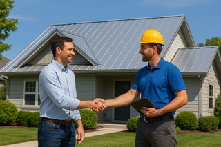 Homeowner and metal roofing contractor shaking hands in front of a modern house with a new metal roof, representing trust and professionalism.