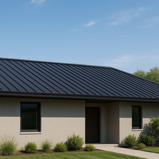 Modern low-slope home with dark standing seam metal roof under sunny skies, highlighting durability and waterproof design.
