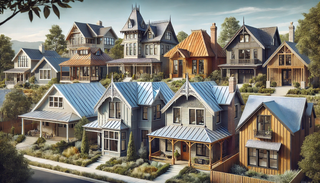 Diverse architectural styles with matching metal roofs: Colonial in slate gray, Craftsman with wood-look metal tiles, Modern with metallic panels, Victorian with colorful shingles, and Mediterranean with terracotta-colored metal tiles.