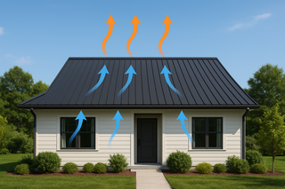Modern home with standing seam metal roof and visual arrows showing proper attic ventilation from soffit to ridge.