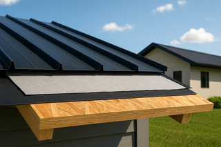 Cross-section view of a metal roof with panels, underlayment, and wooden deck layers, demonstrating proper roof system structure.