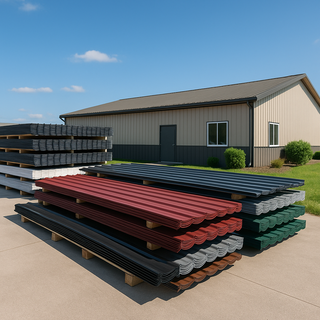 Stacks of metal roofing panels outside a local roofing supplier building under a sunny sky