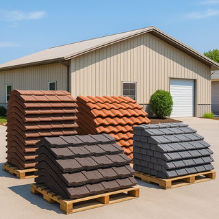 Neatly stacked metal roofing panels in different colors outside a local supplier warehouse under a sunny sky