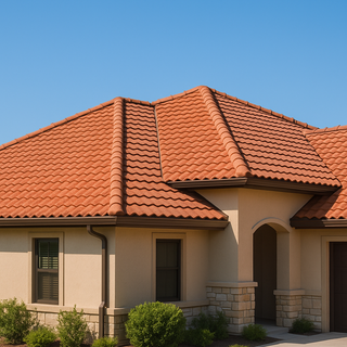 Mediterranean home with warm terracotta stone coated steel tile roof under a clear blue sky