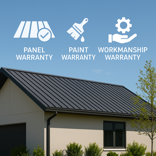 Visual comparison of panel, paint, and workmanship warranties for a metal roof with a modern home and clear sky in the background.