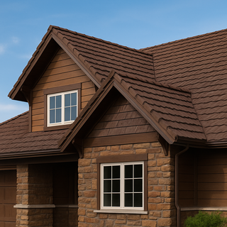 Rustic style home with dark brown stone coated steel metal shake roof under a clear blue sky
