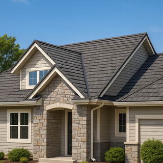 Suburban home with gray stone coated steel shingle roof and stone accents under a clear blue sky.