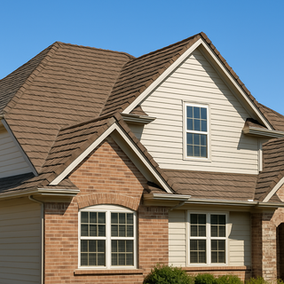 Suburban home with blended brown stone coated steel shingle roof under a clear blue sky