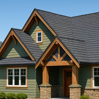 Craftsman style suburban home with charcoal gray stone coated steel shingle roof under a clear blue sky