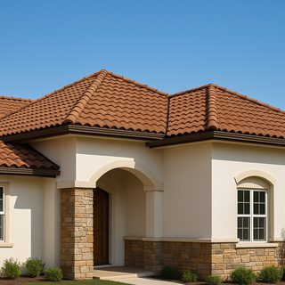 Mediterranean home with terracotta stone coated steel metal tile roof under a clear blue sky