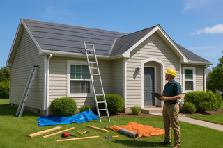 Suburban home prepared for metal roof installation with exposed underlayment, tools, and protected landscaping under a sunny sky.