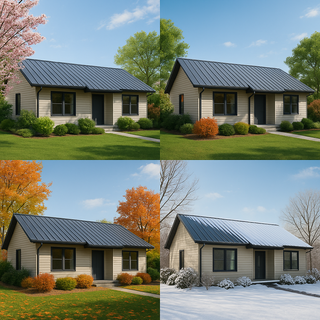 Modern home with a standing seam metal roof shown across all four seasons, representing proper year-round maintenance.