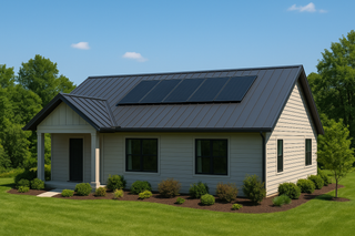 Modern home with standing seam metal roof and solar panels installed flush, surrounded by greenery and clear blue sky.