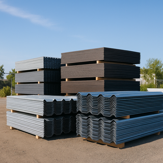 Stacked galvanized and Galvalume steel roofing panels in a supplier yard under clear blue sky.