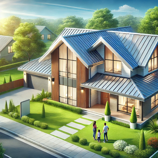 Modern suburban home with a reflective metal roof under the sunlight, showcasing enhanced curb appeal and energy efficiency, with a family visibly interested in the property.