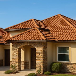 Luxury home with warm terracotta Westlake stone coated steel barrel tile roof under a clear blue sky