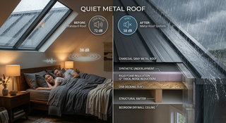 2026 metal roof noise reduction guide showing quiet bedroom interior vs cutaway roof layers with underlayment and insulation blocking rain sound.