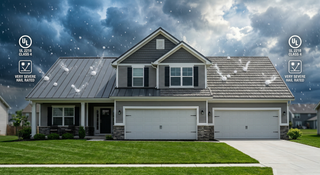2026 hail resistant metal roofing UL 2218 Class 4 impact rated standing seam and stone-coated panels during hail storm on Midwest home.