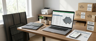 2026 how to order metal roofing supplies online step-by-step guide showing laptop takeoff worksheet, panel samples, and shipping boxes from Top Tier Metals.