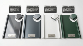 2026 metal roof coatings comparison PVDF Kynar vs SMP vs Polyester vs advanced finishes on premium panels showing durability and color retention.