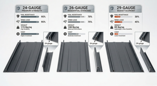 2026 metal roof gauge thickness comparison chart 24 vs 26 vs 29 gauge with strength, cost, and durability ratings.