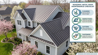 2026 metal roof maintenance schedule and seasonal checklist infographic for standing seam and metal shingles.