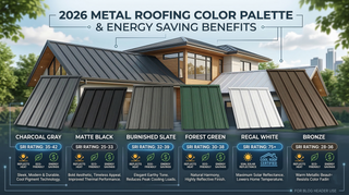 2026 best metal roofing colors chart with Charcoal Gray, Matte Black, Burnished Slate, Forest Green, Regal White swatches and SRI ratings.