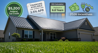 2026 metal roofing financing incentives infographic with tax credits, green loans, and ROI calculator on premium standing seam roof.
