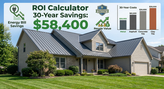 2026 metal roofing ROI calculator showing 30-year lifetime savings comparison versus asphalt shingles, concrete tile, and clay tile roofs.