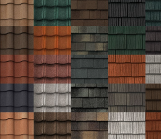 Array of metal roofing samples showcasing various colors and textures, including shades of brown, green, grey, and orange, emphasizing the versatility and aesthetic appeal of sustainable metal roofing materials.