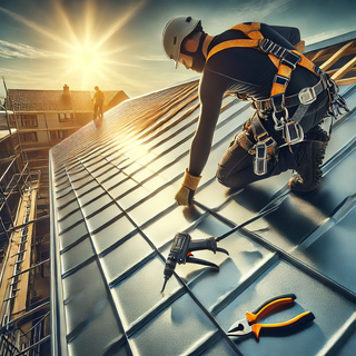 DIY enthusiast in safety gear installing shiny metal roofing panels on a sunny day, with essential tools displayed on a residential roof.