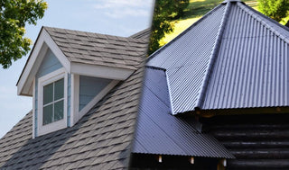 Comparison of two types of roofing materials: a section of a house with traditional asphalt shingles in a soft gray color, and an adjacent section with a sleek, modern metal roof in silver, showcasing different architectural styles and material choices.