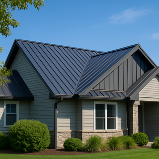 Modern suburban home with charcoal gray Central States standing seam metal roof under a clear blue sky.