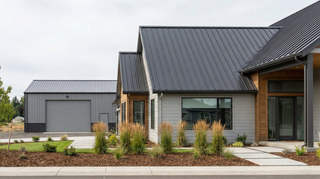 Central States metal roofing styles shown on a home with standing seam roof and a shop with ribbed panel roof.
