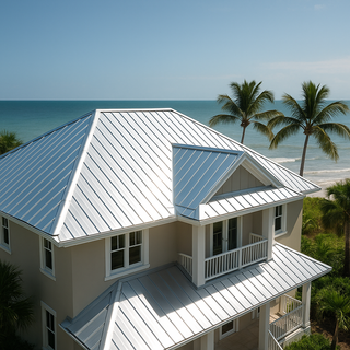Modern coastal home near the ocean with a reflective aluminum metal roof, surrounded by palm trees and salt-air elements.